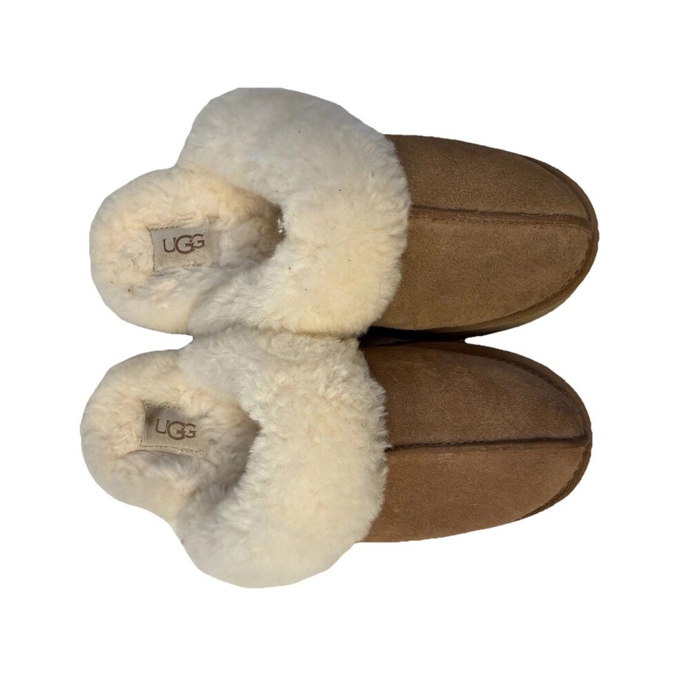 UGG Women's Beige Suede Shearling Clog Slippers Fur Trim Slip On Size 6